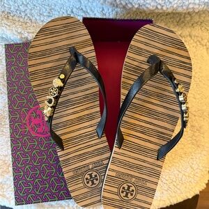 Tory Burch Black Sandals with Gold Embellishments